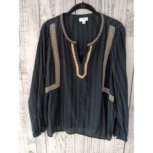 J. Jill Blouse Women's Large Black Boho Embroidery Trim Lace Peasant